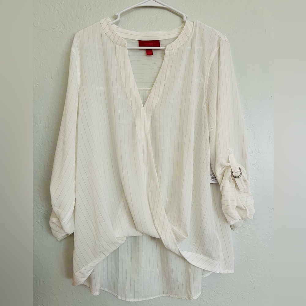 NWT Jennifer Lopez XL White Drape Front Popover gold stripe